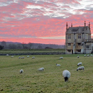 Banqueting House of Campden House and sheep at sunset, Chipping Campden, Cotswolds
