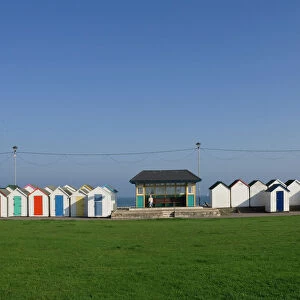 Beach huts and promenade shelter, Paignton, Devon, England, United Kingdom, Europe