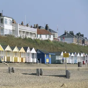 Beach huts on the seafront of the resort town of Southwold, Suffolk, England