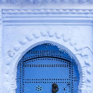 Blue door and wall in the old town of Chefchaouen (Chaouen) (The Blue City), Morocco