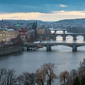 Bridges over Vltava River against sky seen from Letna park at twilight, Prague, Bohemia, Czech Republic (Czechia), Europe