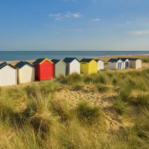 Brightly painted beach huts, rear view, in the afternoon sunshine below Gun Hill