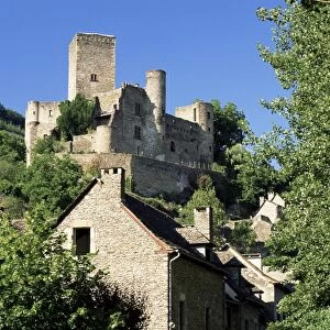 Castle towering above village houses, Belcastel, Aveyron, Midi-Pyrenees, France, Europe