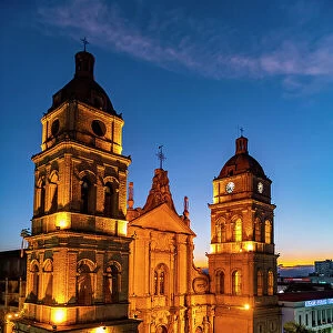Cathedral Basilica of St. Lawrence at nighttime, Santa Cruz de la Sierra, Bolivia, South America