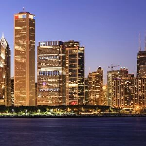 Chicago cityscape at dusk viewed from Lake Michigan, Chicago, Illinois, United States of America, North America