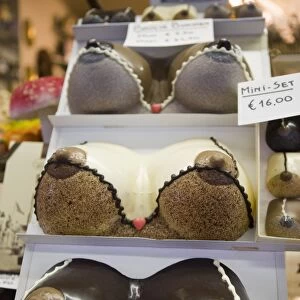 Chocolate breasts in shop window, Bruges, Belgium, Europe
