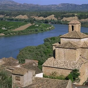 Church and village of Miravat overlook the River Ebro in Tarragona