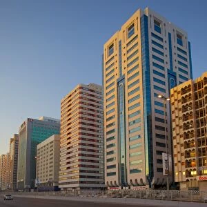 City skyline on Rashid Bin Saeed Al Maktoum Street, Abu Dhabi, United Arab Emirates, Middle East