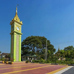 Clock tower at campus of State Pariyatti Sasana University, Mandalay, Myanmar (Burma), Asia