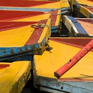 Close up of the colourful wooden boats at the Floating Gardens in Xochimilco, UNESCO World Heritage Site, Mexico City, Mexico, North America