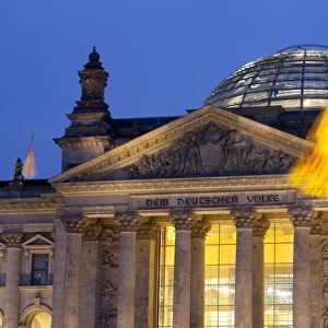 Close-up of the Reichstag at night, Berlin, Germany, Europe