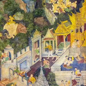 Colorful painted murals depicting scenes from life of Buddha, inside Wat Pho (Temple