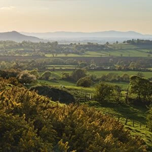 Cotswold landscape with view to Malvern Hills, near Winchcombe, Cotswolds, Gloucestershire
