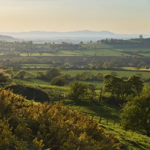 Cotswold landscape with view to Malvern Hills, near Winchcombe, Cotswolds, Gloucestershire