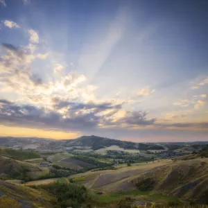 Countryside landscape at sunset with a sky full of clouds, Emilia Romagna, Italy, Europe