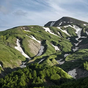 Cusna Mountain with lush green grass and some melting snow zone, Emilia Romagna, Italy, Europe