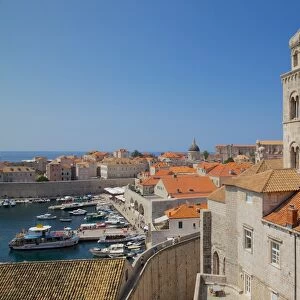 Dominican Monastery Bell Tower and Old Town rooftops, UNESCO World Heritage Site, Dubrovnik, Dalmatia, Croatia, Europe