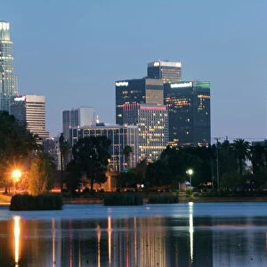 Downtown district skyscrapers located behind Echo Park Lake