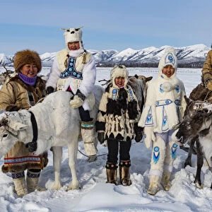Evenk reindeer breeder family, Oymyakon, Sakha Republic (Yakutia), Russia, Eurasia