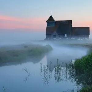 Fairfield church in dawn mist, Romney Marsh, near Rye, Kent, England, United Kingdom