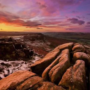 Frosty winter sunrise, Froggatt and Curbar Edge, Peak District National Park, Derbyshire, England, United Kingdom, Europe