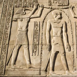 Gods Thoth on left and Haroeris on right with the Pharaoh in the centre, Wall Reliefs