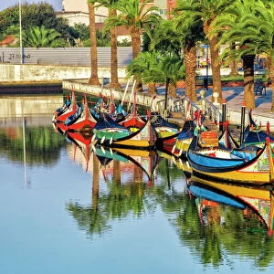 Gondola-like moliceiros boats anchored along the Central Channel, Aveiro, Beira, Portugal, Europe