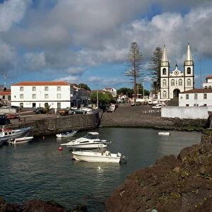 Harbour and church, Madalena, Pico, Azores, Portugal, Atlantic, Europe