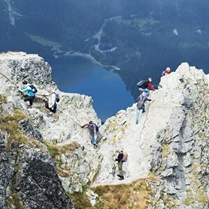 Hikers on Mount Rysy, 2499m, the highest point in Poland, Zakopane, Carpathian Mountains, Poland, Europe