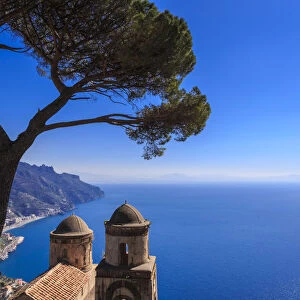 Iconic Amalfi Coast, church and umbrella pine from Villa Rufolo Gardens, Ravello