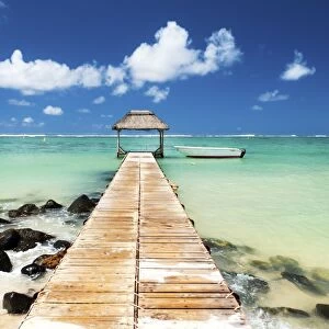 Jetty and boat on the turquoise water, Black River, Mauritius, Indian Ocean, Africa
