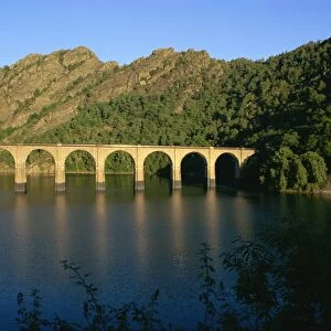 Lac de Villefort and railway viaduct, Cevennes, Lozere, Languedoc-Roussillon