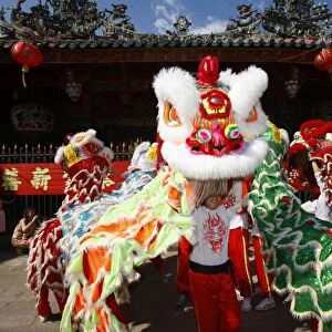 Lion dance performers, Chinese New Year, Quan Am Pagoda, Ho Chi Minh City