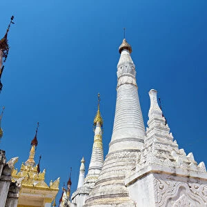 Low angle of Indein (Inn Dein) (Inn Thein) pagodas, Lake Inle, Shan State, Myanmar (Burma), Asia