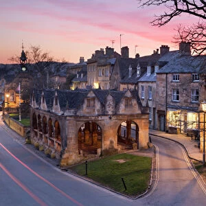 Market Hall and Cotswold stone cottages on High Street, Chipping Campden, Cotswolds