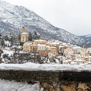 Medieval stone village under heavy snowfall, Anversa degli Abruzzi, L'Aquila province, Abruzzo region, Apennines mountain range, Italy, Europe