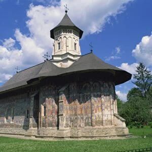 Moldovita Monastery from the southeast, exterior walls painted by Toma of Suceava in 1537