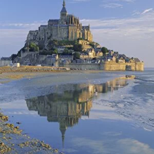 Mont St. Michel (Mont Saint-Michel) reflected in water, Manche, Normandy, France, Europe