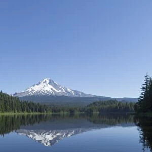 Mount Hood, part of the Cascade Range, perfectly reflected in the still waters of Trillium Lake