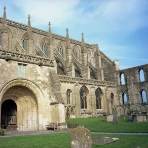 Norman arch and flying buttresses, Malmesbury Abbey, Malmesbury, Wiltshire