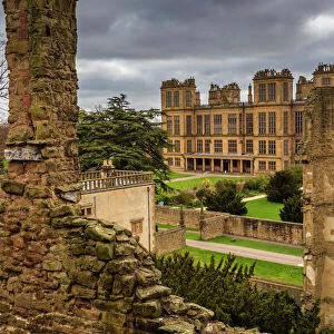 Old and new halls, Hardwick Hall, near Chesterfield, Derbyshire, England, United Kingdom, Europe