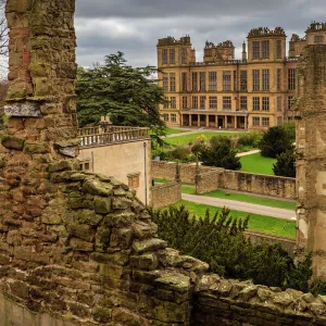 Old and new halls, Hardwick Hall, near Chesterfield, Derbyshire, England, United Kingdom, Europe