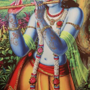 Painting depicting Hindu god Krishna playing a flute outdoors, Vrindavan, Uttar Pradesh