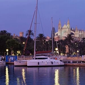 Palma cathedral from the harbour at dusk