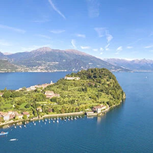 Panoramic aerial view of the village of Pescallo and Lake Como, Bellagio, Province of Como