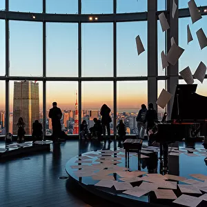 Panoramic view through a big window in Roppongi Hills, with visitors enjoying the evening light, silhouettes and grand piano, Tokyo, Honshu, Japan, Asia