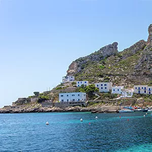 Panoramic view of Levanzo Island, Cala Dogana, Aegadian Islands, province of Trapani, Sicily, Italy, Mediterranean, Europe