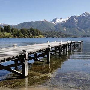 Pier and Andes on Lago Perito Moreno, Llao Llao, near Bariloche, Nahuel Huapi National Park