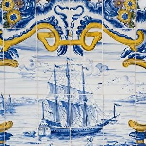 Detail of Portugese tile work around a fountain in central Macau, Macau, China, Asia