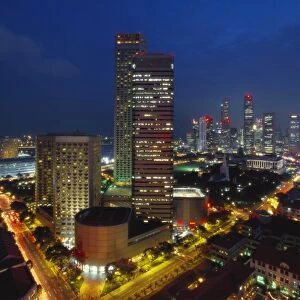 Raffles Hotel at Night and Skyline, Singapore, Asia
